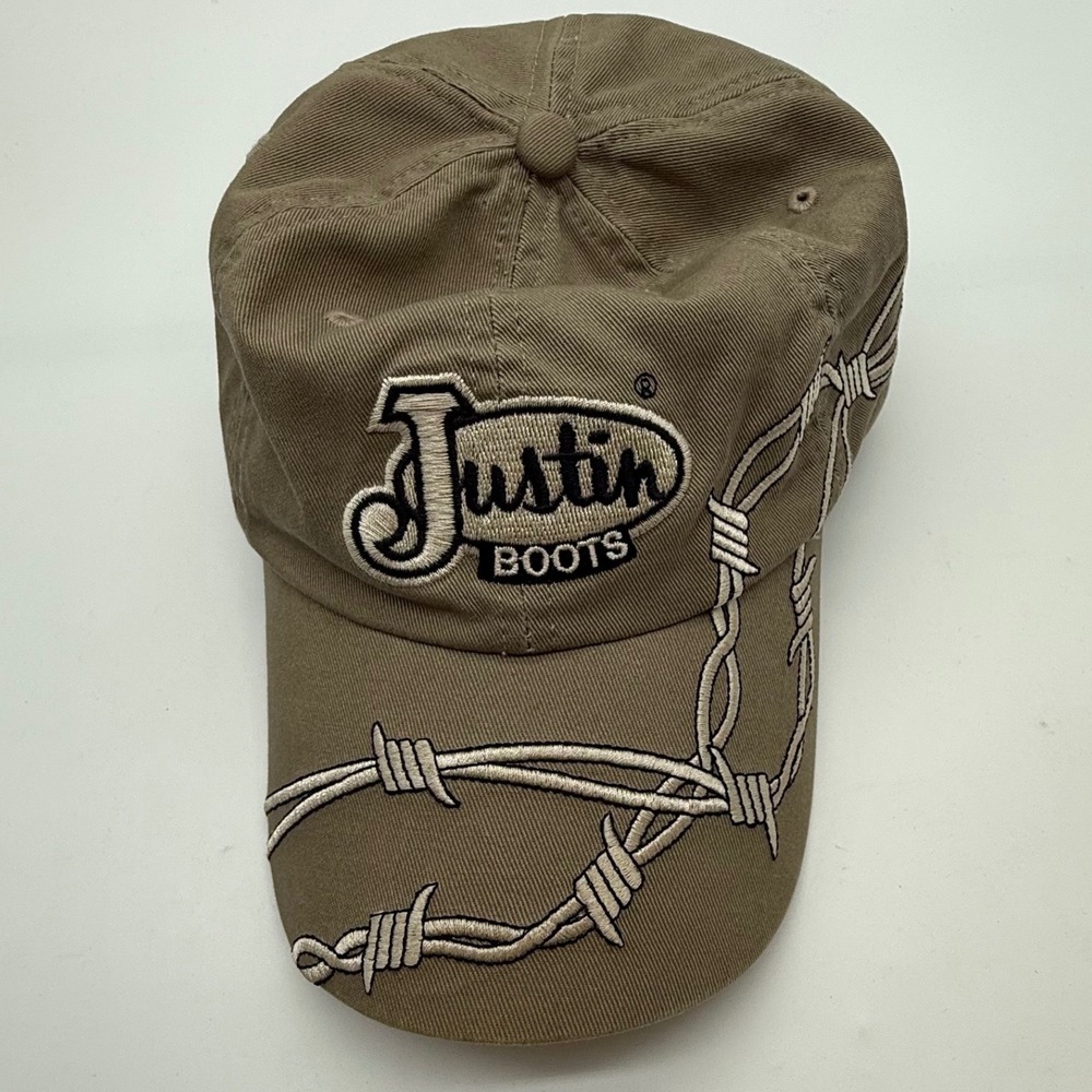 Justin Boots Tan Barbed Wire Embroidered Baseball Cap Hat Adjustable Strapback